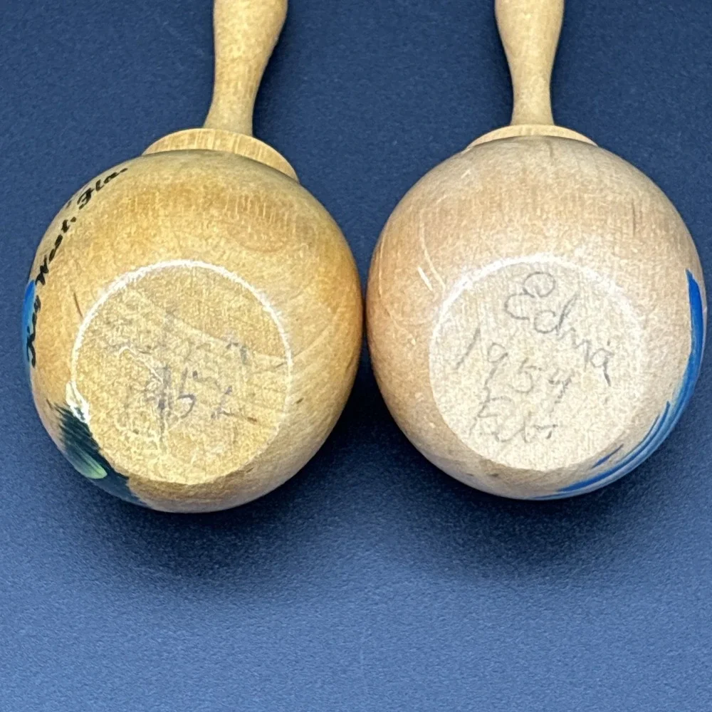 1954 Vintage Key West Fla Wood Maraca Salt & Pepper Shakers Flamingo & Palm Tree